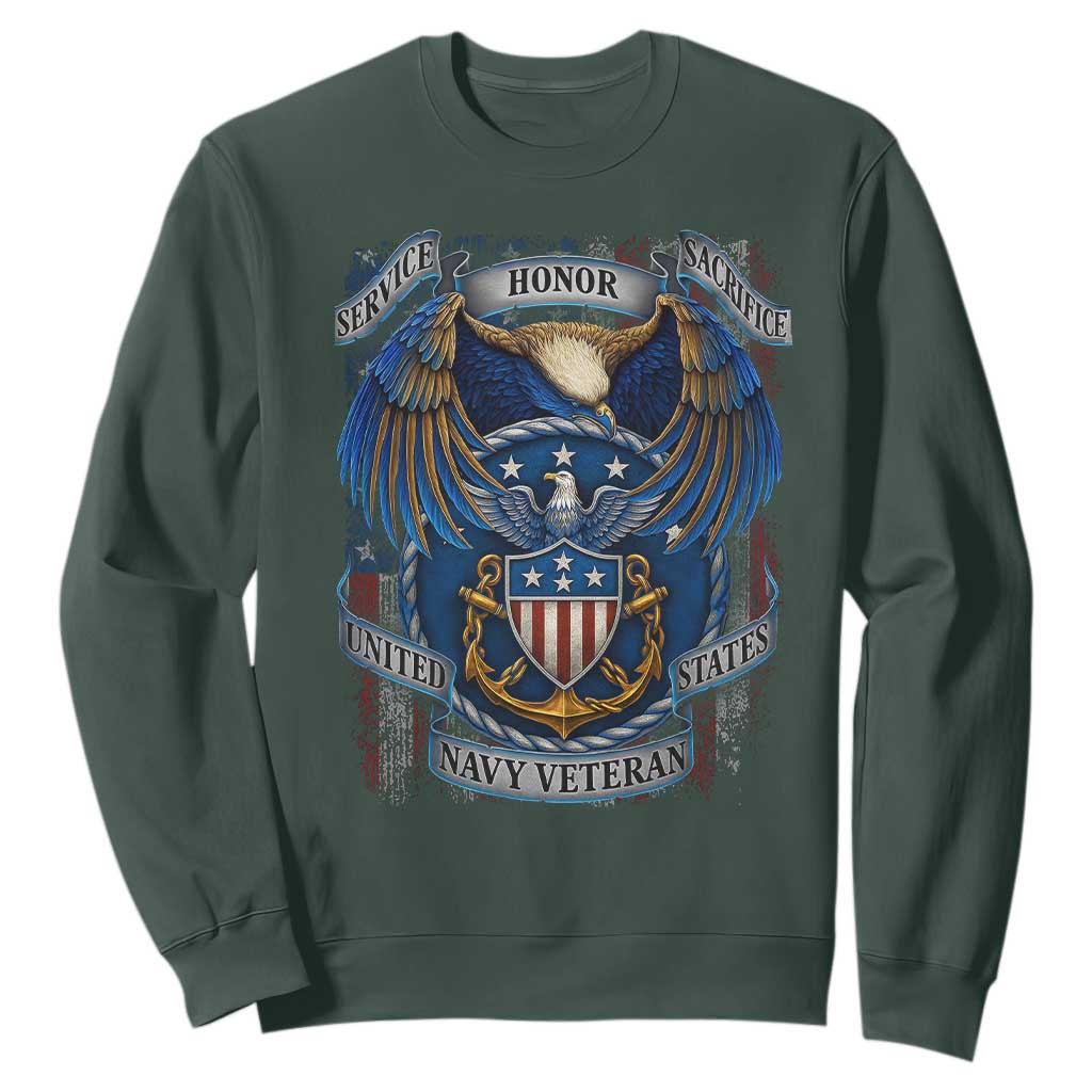 US Navy Veteran Service Honor Sacrifice Sweatshirt Vintage Bald Eagle American Flag Anchor TS11 Dark Forest Green Print Your Wear