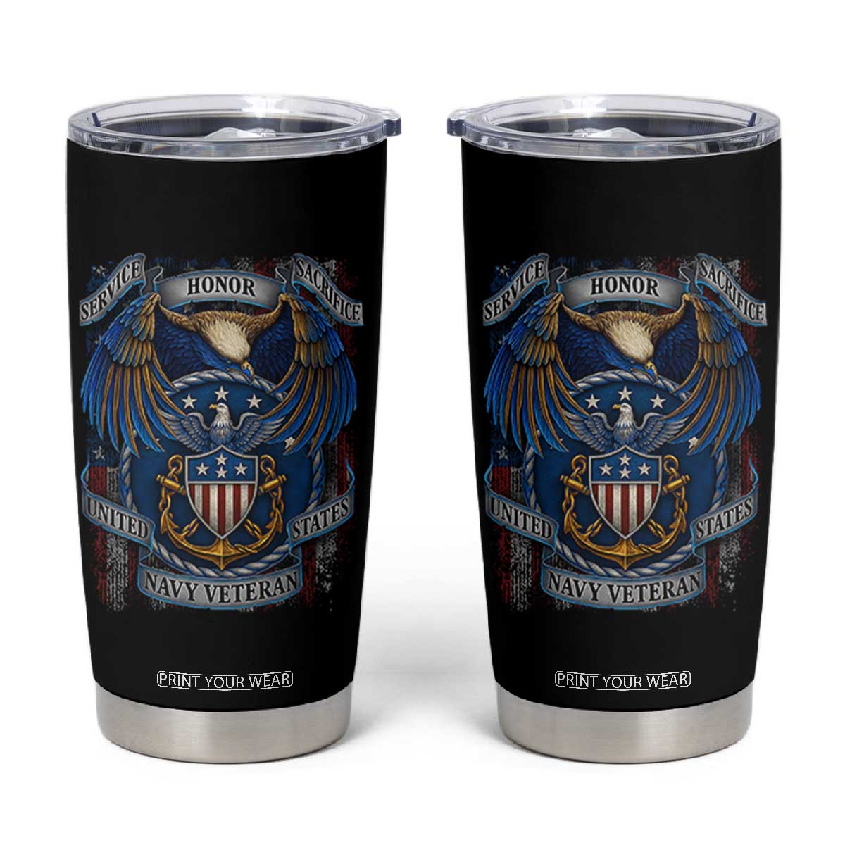 US Navy Veteran Service Honor Sacrifice Tumbler Cup Vintage Bald Eagle American Flag Anchor TS11 Black Print Your Wear