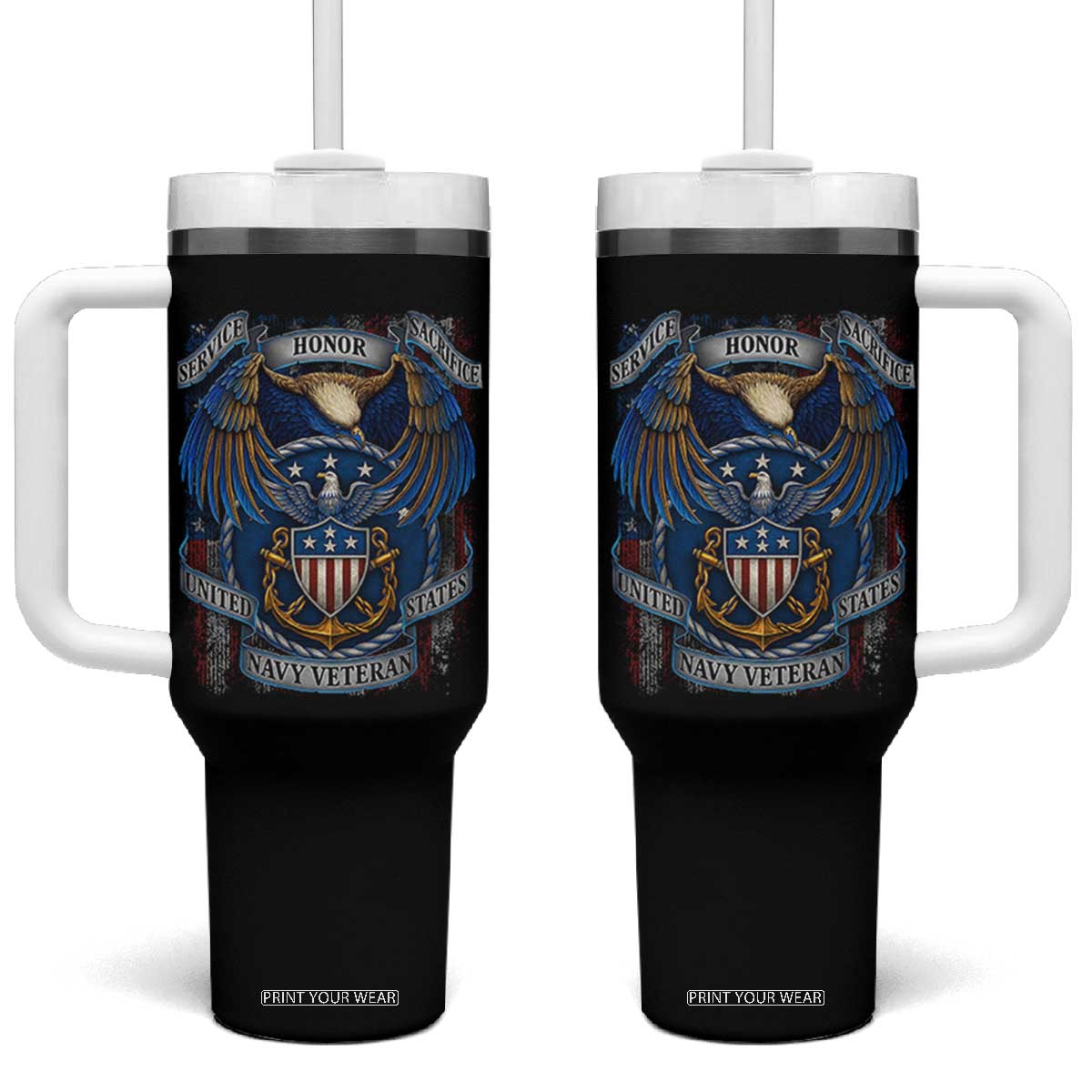 US Navy Veteran Service Honor Sacrifice Tumbler With Handle Vintage Bald Eagle American Flag Anchor TS11 One Size: 40 oz Black Print Your Wear