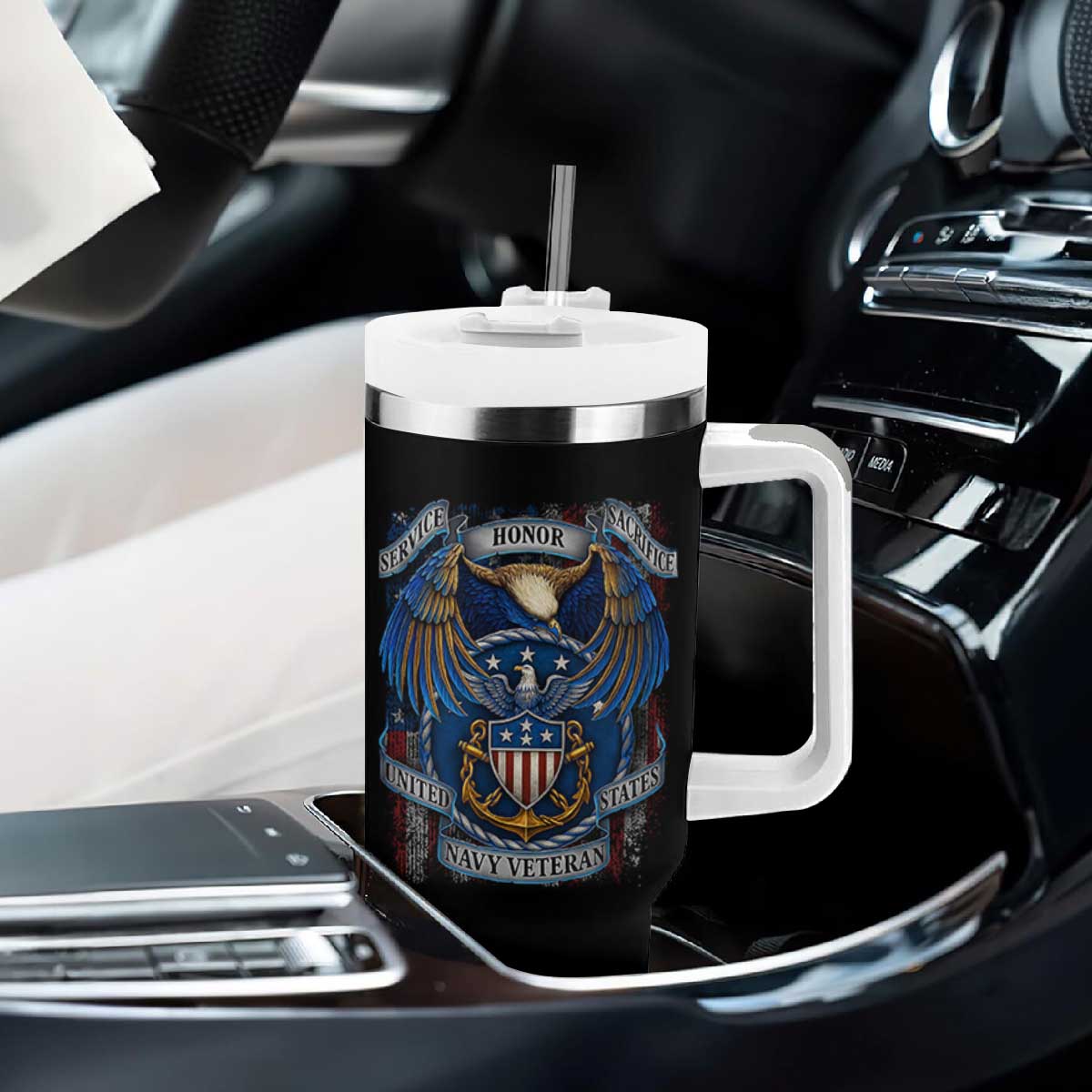 US Navy Veteran Service Honor Sacrifice Tumbler With Handle Vintage Bald Eagle American Flag Anchor TS11 Print Your Wear