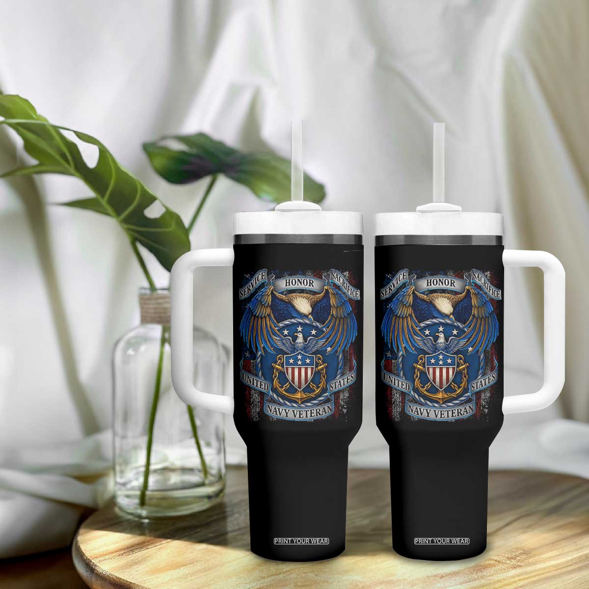 US Navy Veteran Service Honor Sacrifice Tumbler With Handle Vintage Bald Eagle American Flag Anchor TS11 Print Your Wear