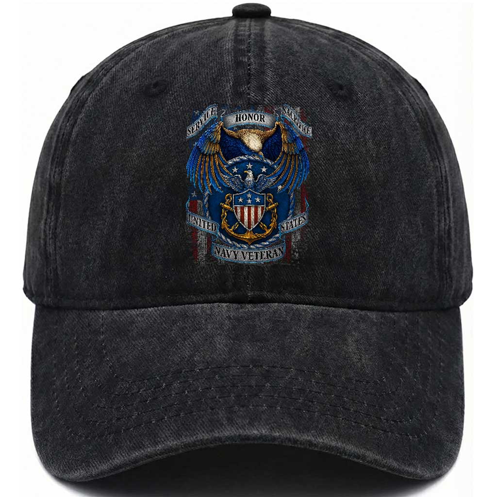 US Navy Veteran Service Honor Sacrifice Washed Cotton Baseball Cap Vintage Bald Eagle American Flag Anchor TS11 Washed Cap Universal Fit Black Print Your Wear