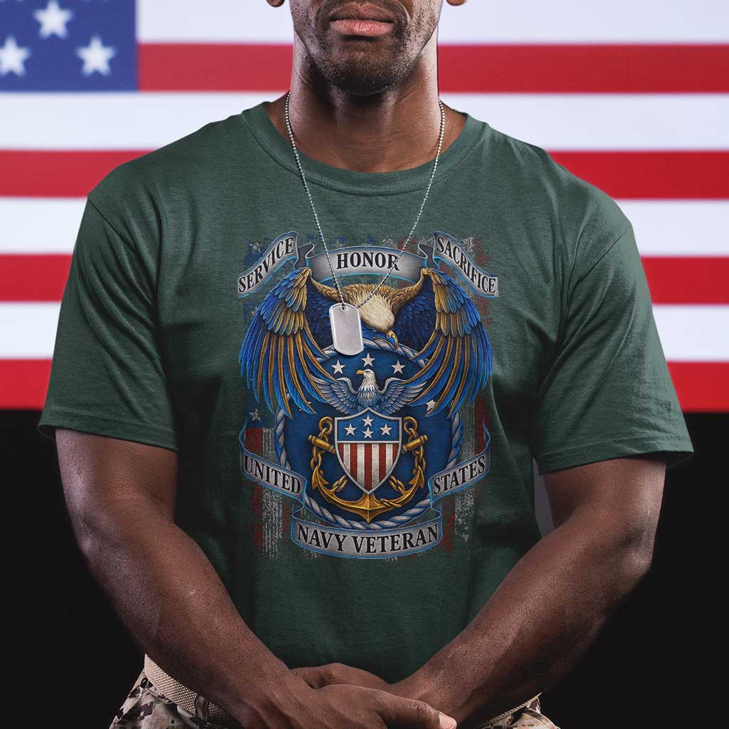 US Navy Veteran Service Honor Sacrifice T Shirt Vintage Bald Eagle American Flag Anchor TS11 Dark Forest Green Print Your Wear