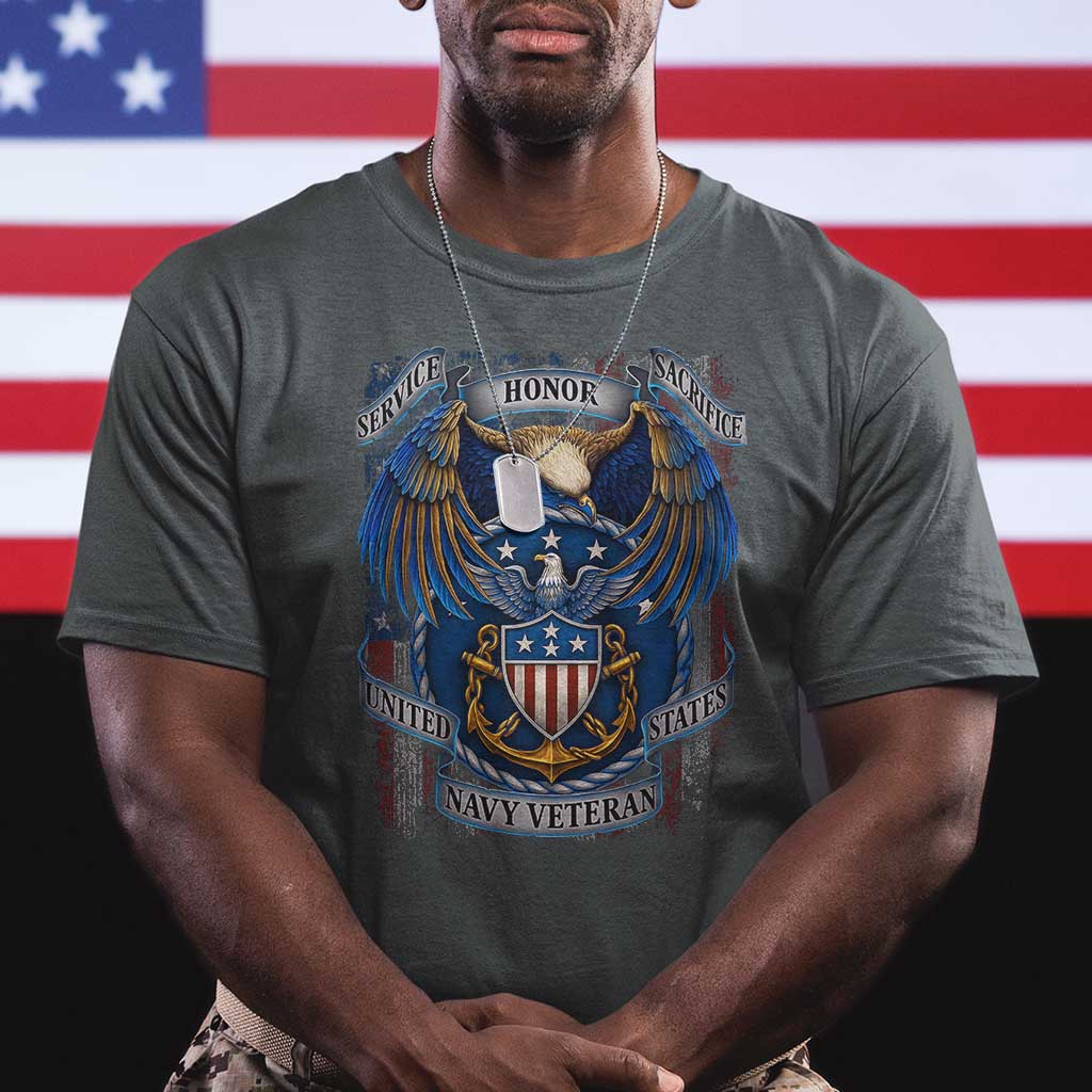 US Navy Veteran Service Honor Sacrifice T Shirt Vintage Bald Eagle American Flag Anchor TS11 Dark Heather Print Your Wear