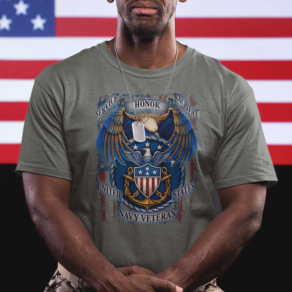 US Navy Veteran Service Honor Sacrifice T Shirt Vintage Bald Eagle American Flag Anchor TS11 Military Green Print Your Wear