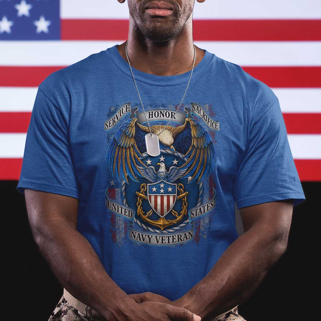 US Navy Veteran Service Honor Sacrifice T Shirt Vintage Bald Eagle American Flag Anchor TS11 Royal Blue Print Your Wear