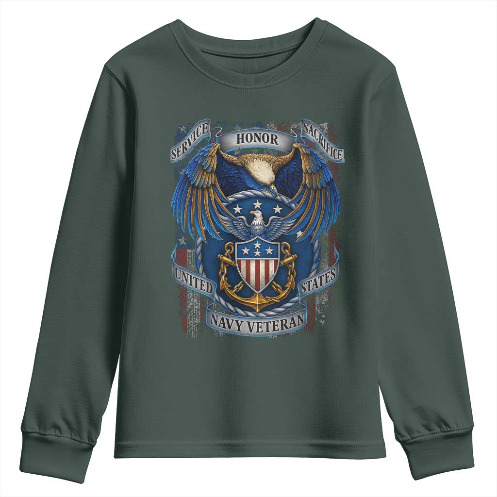 US Navy Veteran Service Honor Sacrifice Youth Sweatshirt Vintage Bald Eagle American Flag Anchor TS11 Dark Forest Green Print Your Wear