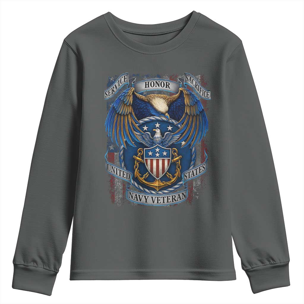 US Navy Veteran Service Honor Sacrifice Youth Sweatshirt Vintage Bald Eagle American Flag Anchor TS11 Dark Heather Print Your Wear
