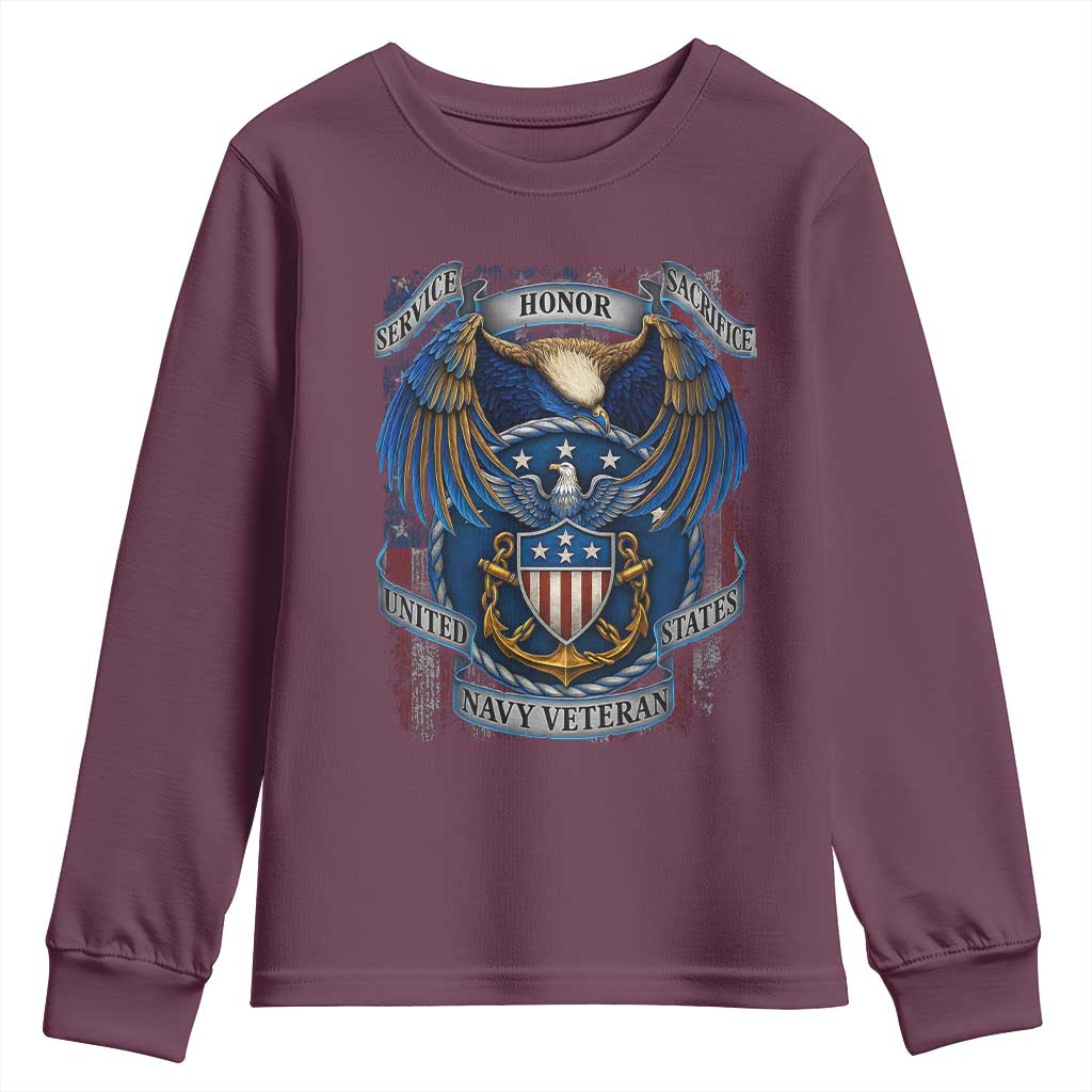 US Navy Veteran Service Honor Sacrifice Youth Sweatshirt Vintage Bald Eagle American Flag Anchor TS11 Maroon Print Your Wear