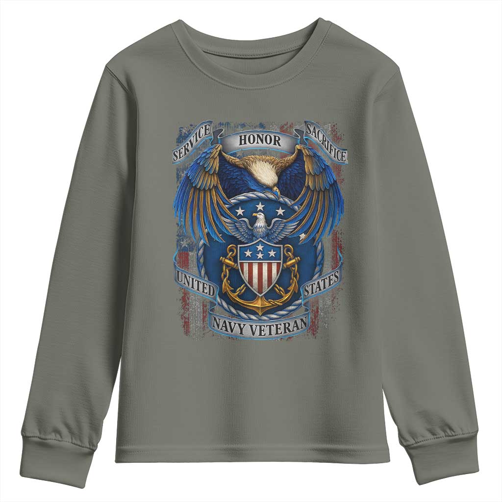 US Navy Veteran Service Honor Sacrifice Youth Sweatshirt Vintage Bald Eagle American Flag Anchor TS11 Military Green Print Your Wear