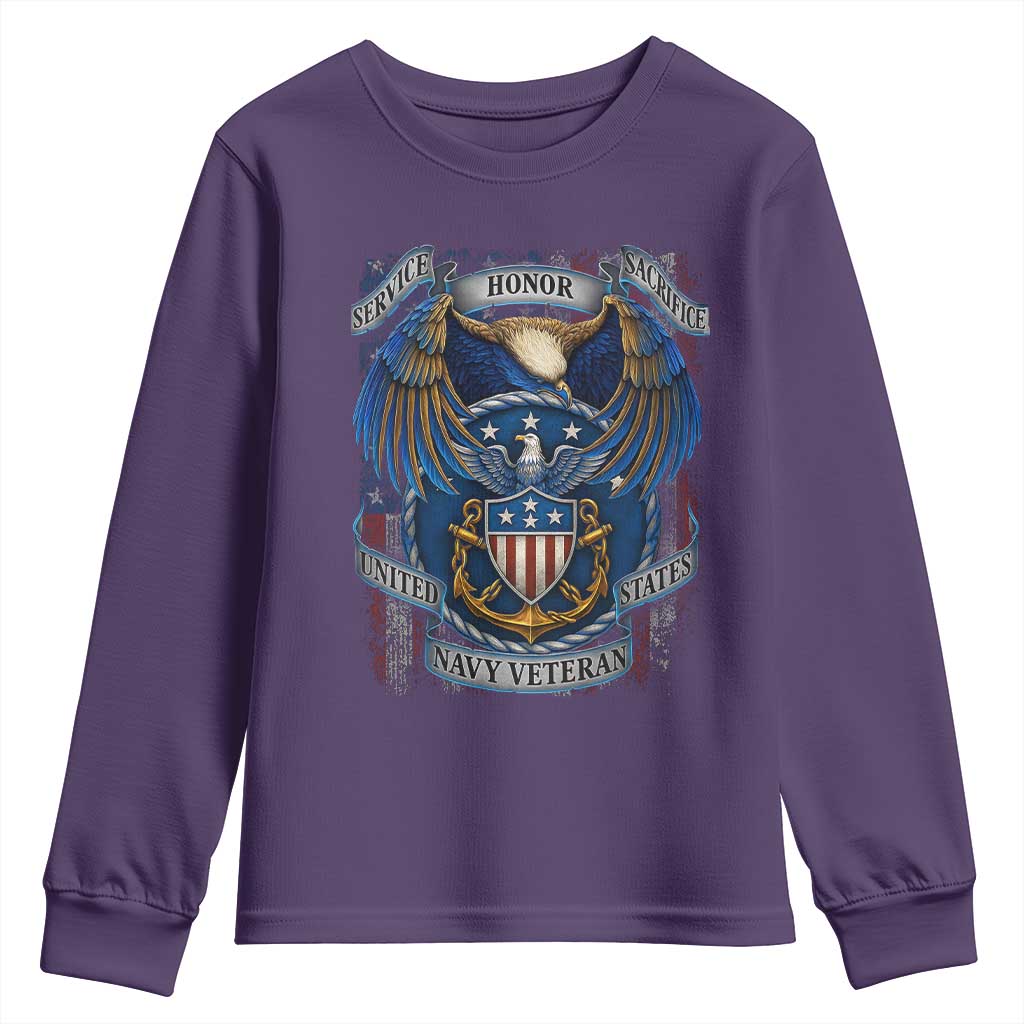 US Navy Veteran Service Honor Sacrifice Youth Sweatshirt Vintage Bald Eagle American Flag Anchor TS11 Purple Print Your Wear