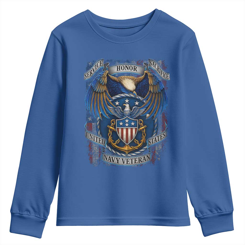US Navy Veteran Service Honor Sacrifice Youth Sweatshirt Vintage Bald Eagle American Flag Anchor TS11 Royal Blue Print Your Wear