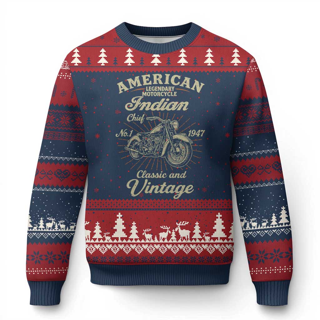 American Legendary Motorcycle Indian Chief Ugly Christmas Sweater Classic And Vintage Bikers Club TS11 Navy Red Print Your Wear