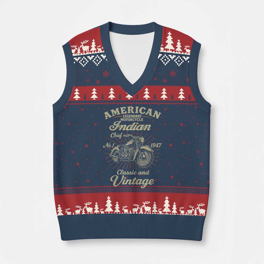 American Legendary Motorcycle Indian Chief V-Neck Knit Sweater Vest Classic And Vintage Bikers Club TS11 Navy Red Print Your Wear