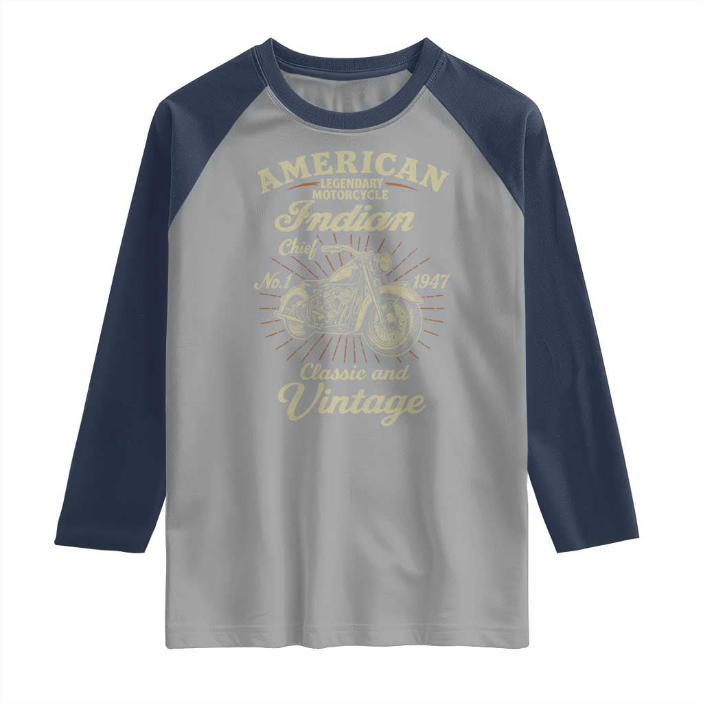 American Legendary Motorcycle Indian Chief Raglan Shirt Classic And Vintage Bikers Club TS11 Sport Gray Navy Print Your Wear