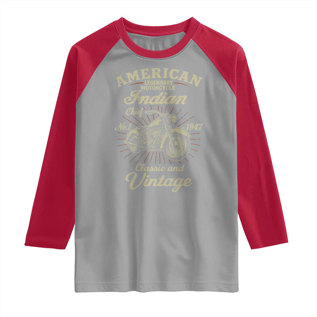 American Legendary Motorcycle Indian Chief Raglan Shirt Classic And Vintage Bikers Club TS11 Sport Gray Red Print Your Wear