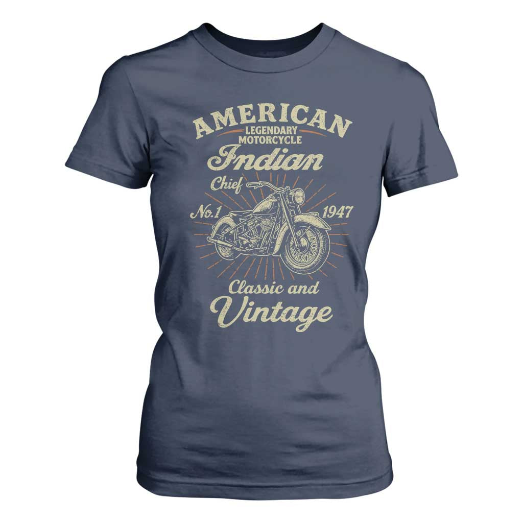 American Legendary Motorcycle Indian Chief T Shirt For Women Classic And Vintage Bikers Club TS11 Navy Print Your Wear