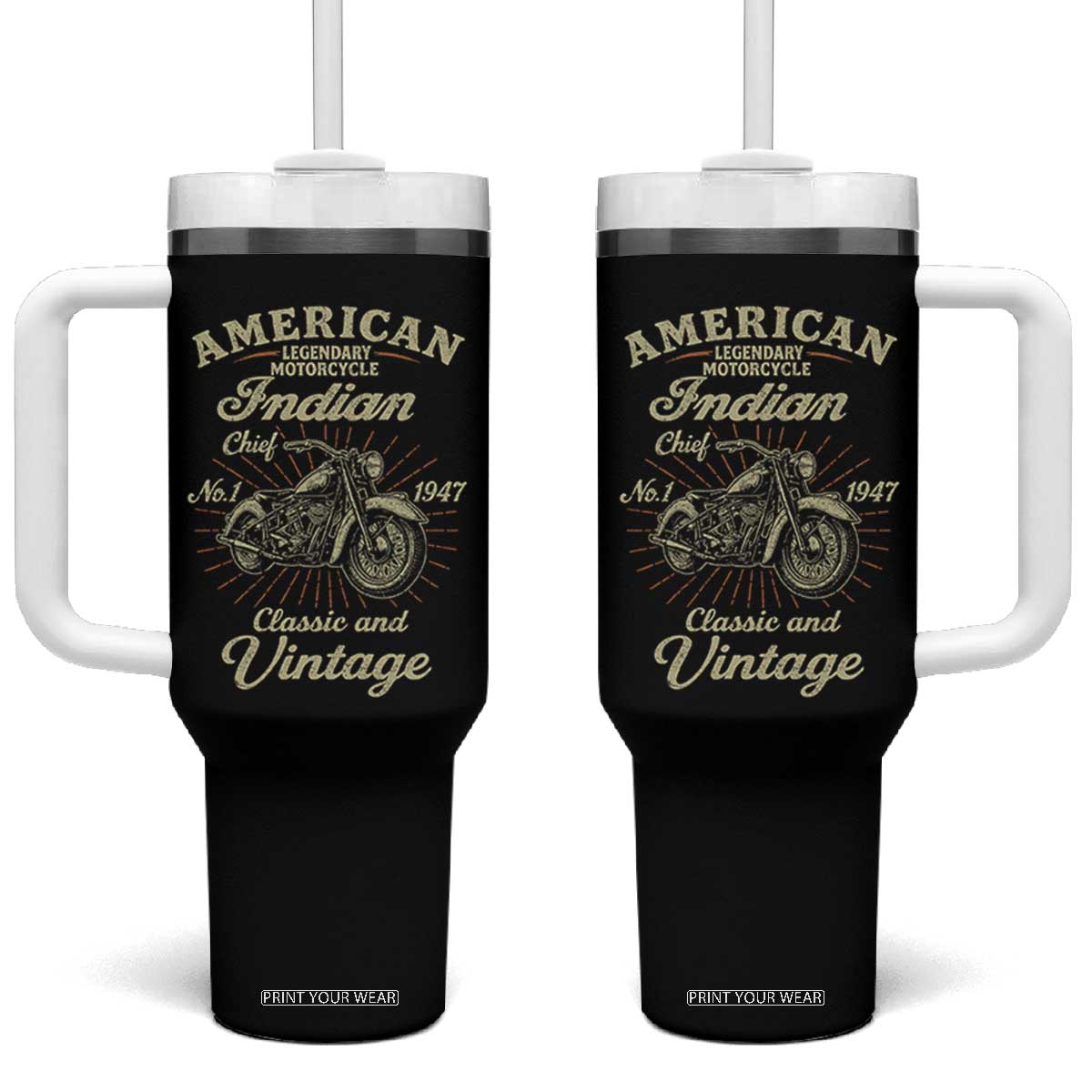 American Legendary Motorcycle Indian Chief Tumbler With Handle Classic And Vintage Bikers Club TS11 One Size: 40 oz Black Print Your Wear