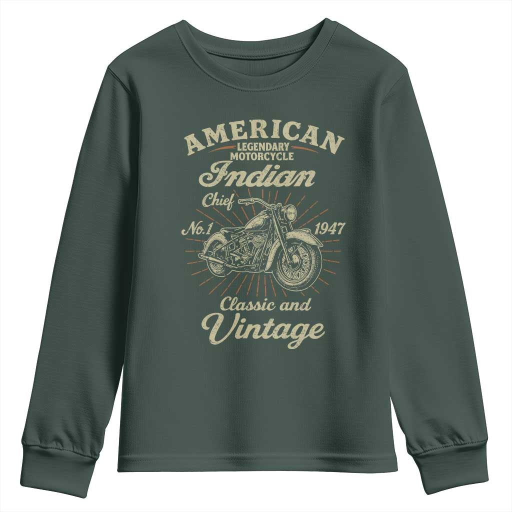 American Legendary Motorcycle Indian Chief Youth Sweatshirt Classic And Vintage Bikers Club TS11 Dark Forest Green Print Your Wear