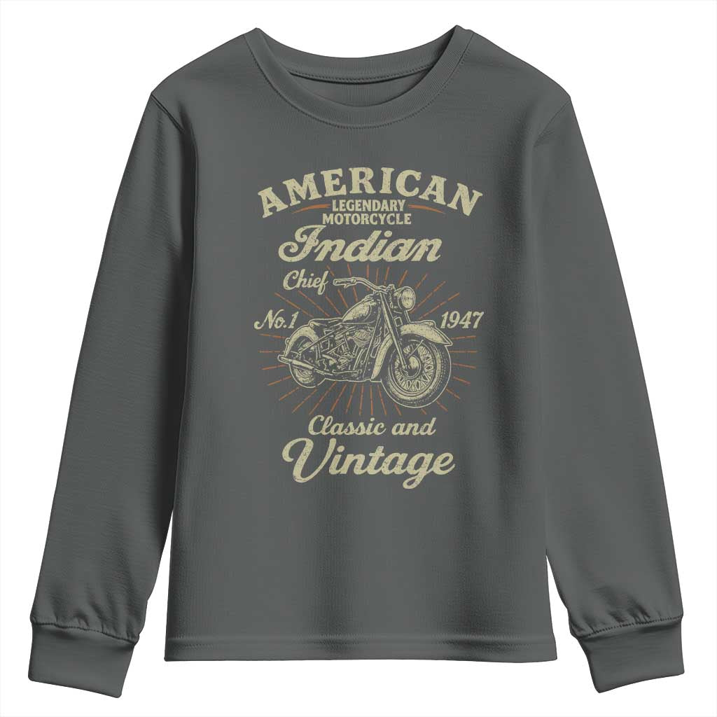 American Legendary Motorcycle Indian Chief Youth Sweatshirt Classic And Vintage Bikers Club TS11 Dark Heather Print Your Wear