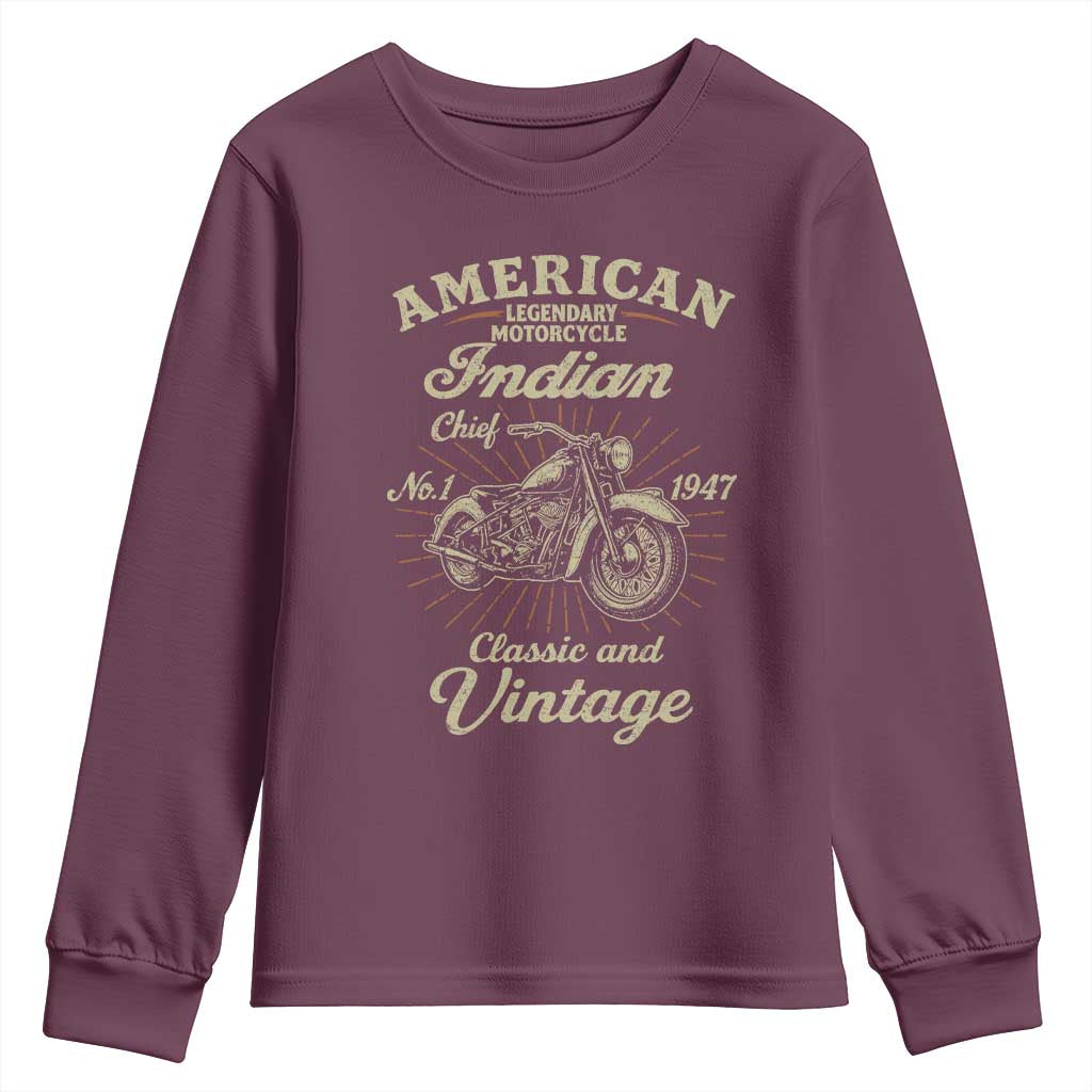 American Legendary Motorcycle Indian Chief Youth Sweatshirt Classic And Vintage Bikers Club TS11 Maroon Print Your Wear