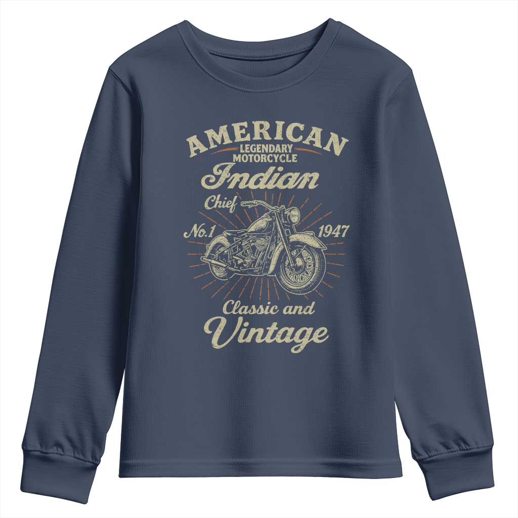 American Legendary Motorcycle Indian Chief Youth Sweatshirt Classic And Vintage Bikers Club TS11 Navy Print Your Wear