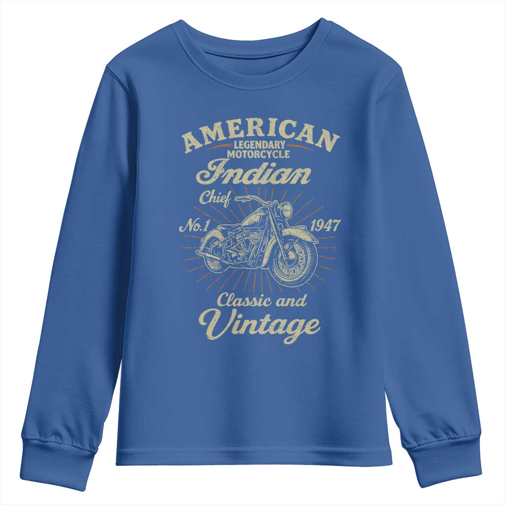 American Legendary Motorcycle Indian Chief Youth Sweatshirt Classic And Vintage Bikers Club TS11 Royal Blue Print Your Wear