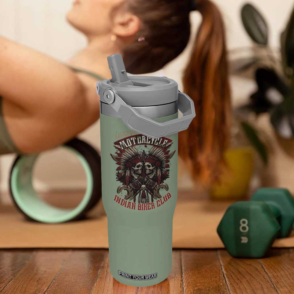 American Legendary Motorcycle Indian Biker Club Flip Straw Tumbler Vintage Native American Skull Chief TS11 One Size: 30 oz Moss Green Print Your Wear