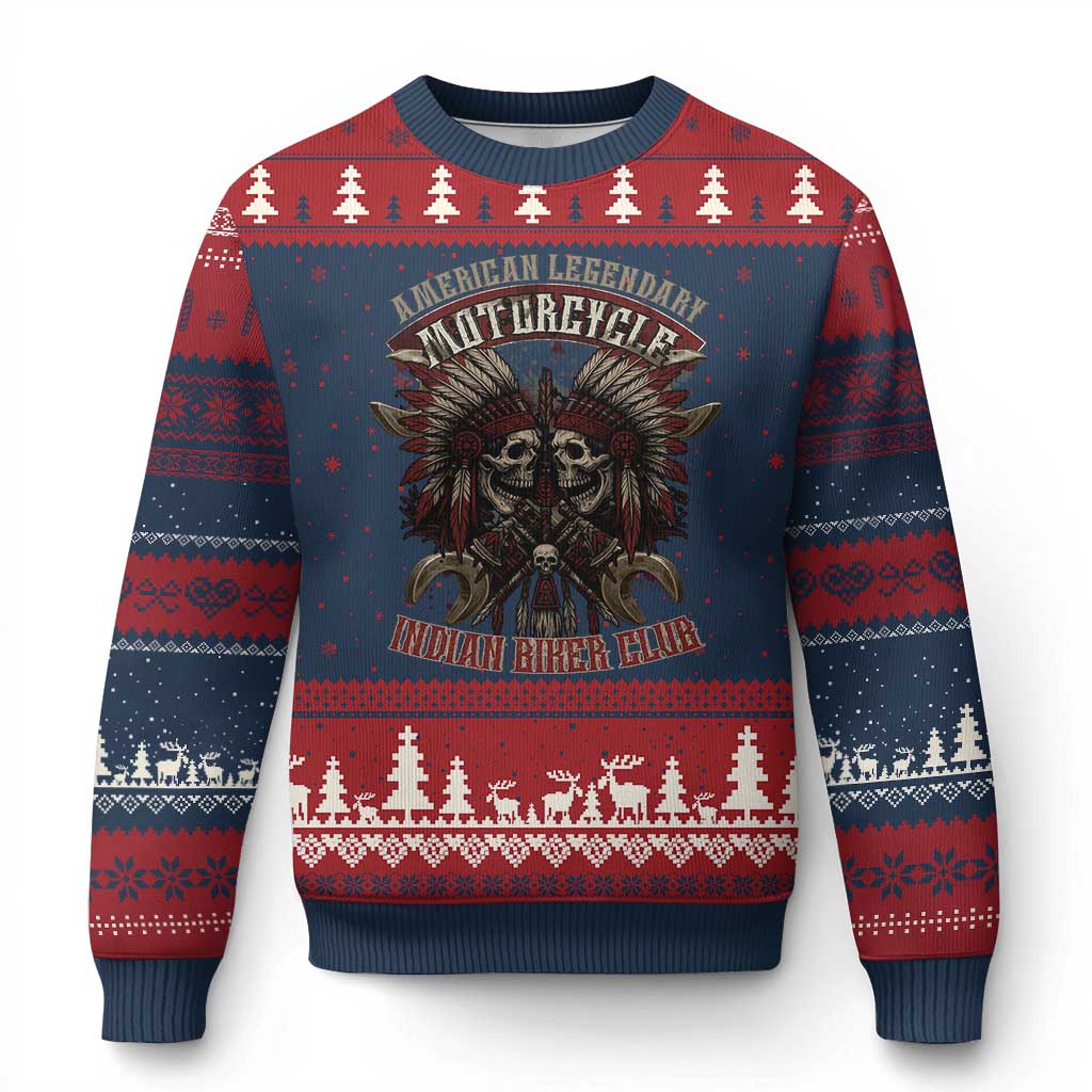 American Legendary Motorcycle Indian Biker Club Ugly Christmas Sweater Vintage Native American Skull Chief - Print Your Wear