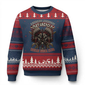 American Legendary Motorcycle Indian Biker Club Ugly Christmas Sweater Vintage Native American Skull Chief - Print Your Wear