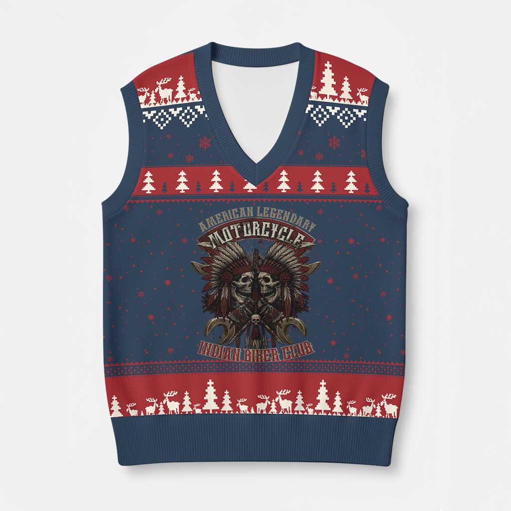 American Legendary Motorcycle Indian Biker Club V-Neck Knit Sweater Vest Vintage Native American Skull Chief - Print Your Wear
