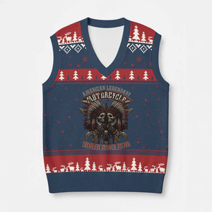American Legendary Motorcycle Indian Biker Club V-Neck Knit Sweater Vest Vintage Native American Skull Chief - Print Your Wear