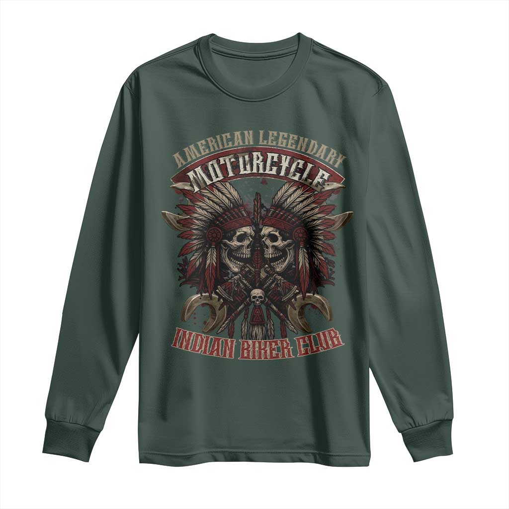 American Legendary Motorcycle Indian Biker Club Long Sleeve Shirt Vintage Native American Skull Chief TS11 Dark Forest Green Print Your Wear