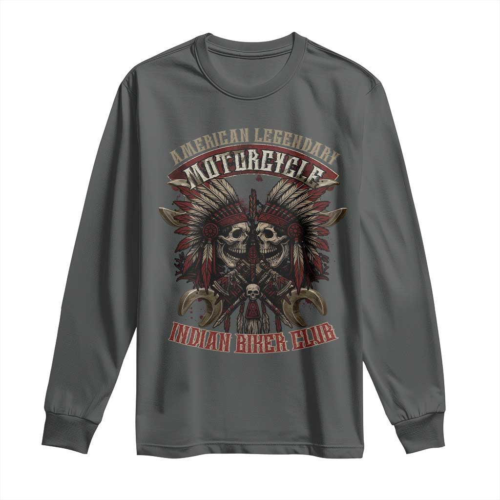 American Legendary Motorcycle Indian Biker Club Long Sleeve Shirt Vintage Native American Skull Chief TS11 Dark Heather Print Your Wear