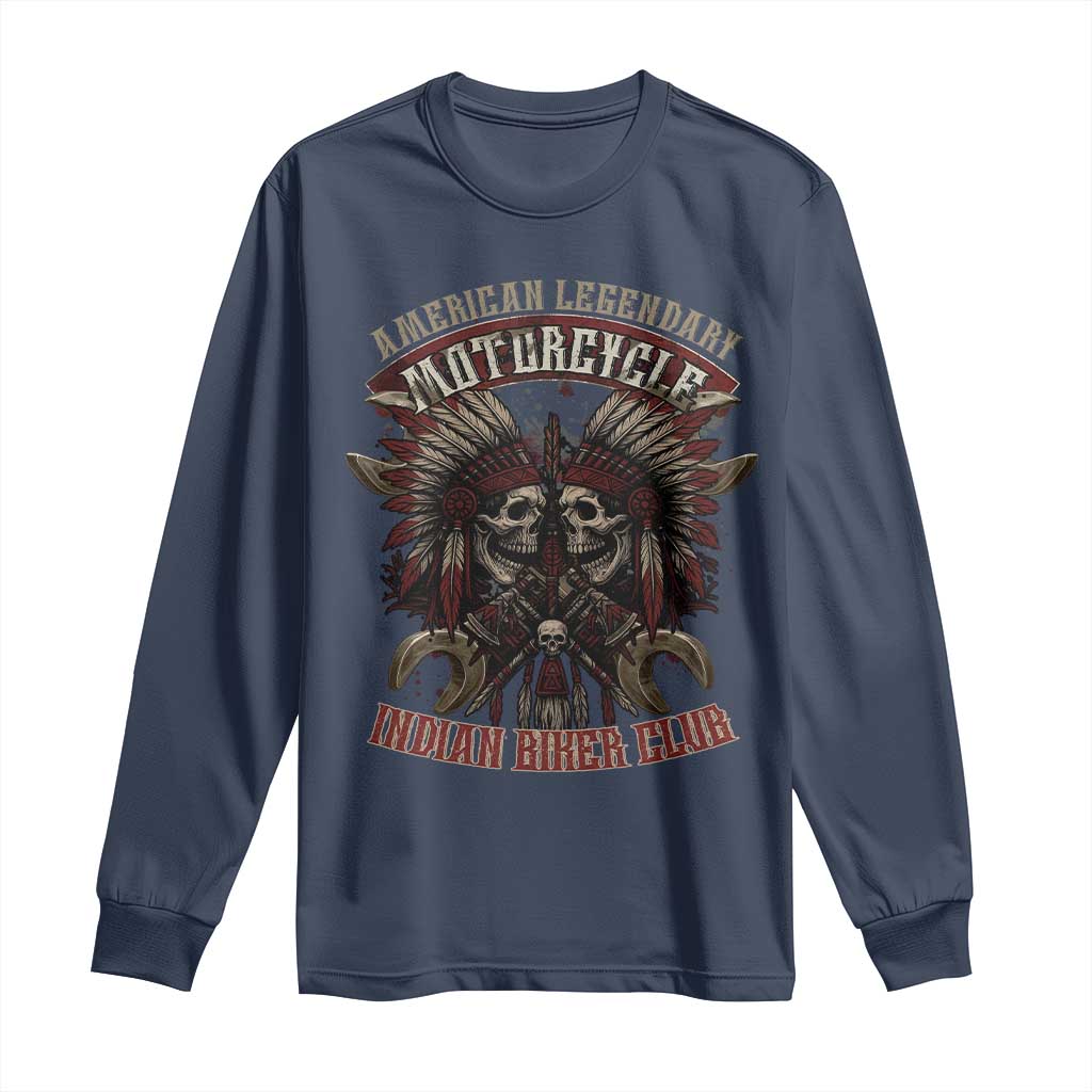 American Legendary Motorcycle Indian Biker Club Long Sleeve Shirt Vintage Native American Skull Chief TS11 Navy Print Your Wear