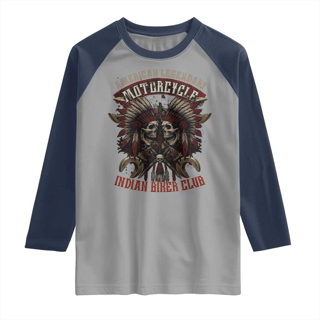 American Legendary Motorcycle Indian Biker Club Raglan Shirt Vintage Native American Skull Chief TS11 Sport Gray Navy Print Your Wear