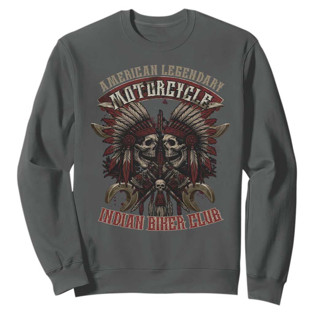 American Legendary Motorcycle Indian Biker Club Sweatshirt Vintage Native American Skull Chief TS11 Dark Heather Print Your Wear
