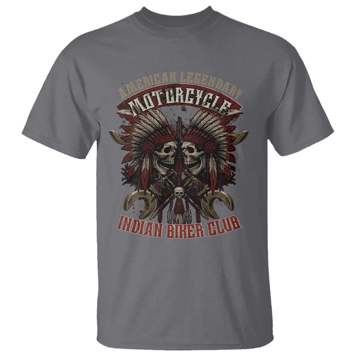 American Legendary Motorcycle Indian Biker Club T Shirt Vintage Native American Skull Chief TS11 Charcoal Print Your Wear