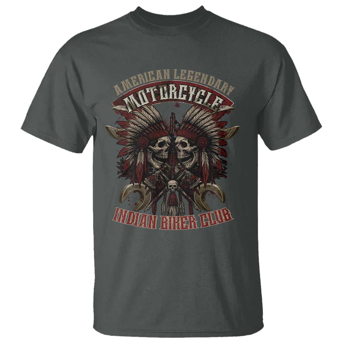 American Legendary Motorcycle Indian Biker Club T Shirt Vintage Native American Skull Chief TS11 Dark Heather Print Your Wear