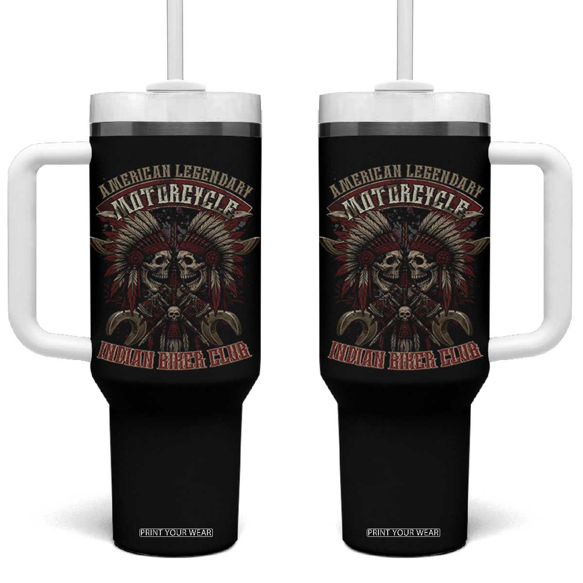 American Legendary Motorcycle Indian Biker Club Tumbler With Handle Vintage Native American Skull Chief TS11 One Size: 40 oz Black Print Your Wear