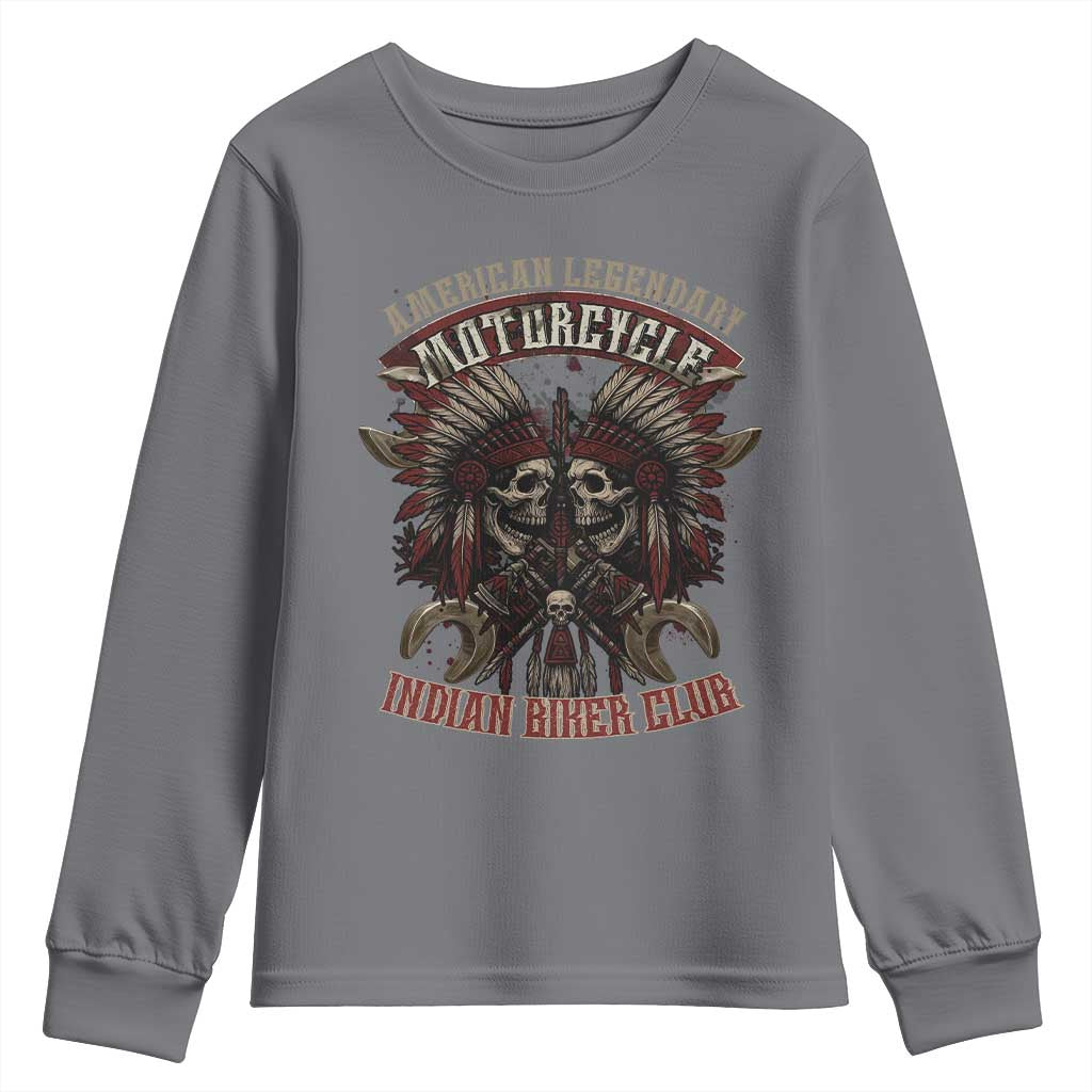 American Legendary Motorcycle Indian Biker Club Youth Sweatshirt Vintage Native American Skull Chief TS11 Charcoal Print Your Wear