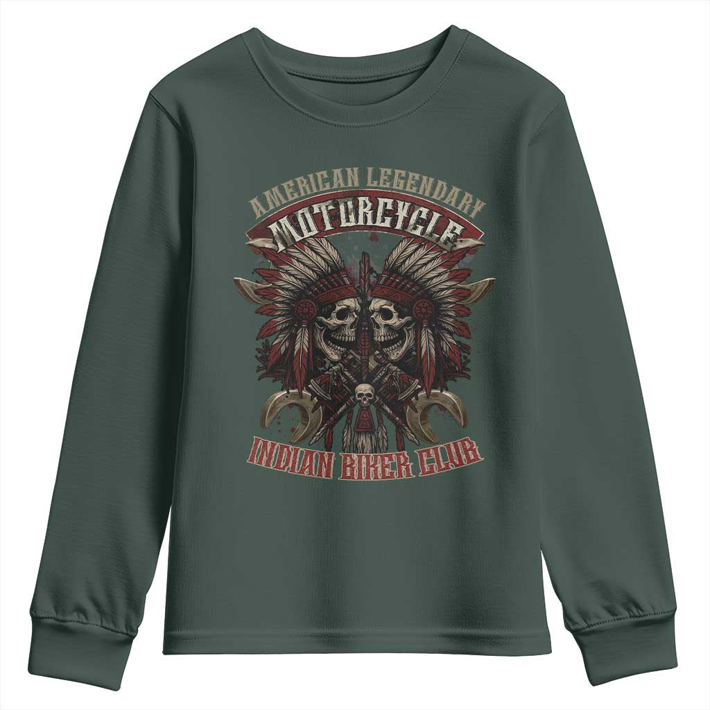 American Legendary Motorcycle Indian Biker Club Youth Sweatshirt Vintage Native American Skull Chief TS11 Dark Forest Green Print Your Wear