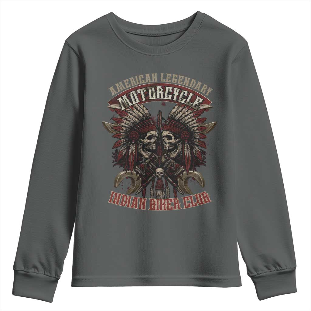 American Legendary Motorcycle Indian Biker Club Youth Sweatshirt Vintage Native American Skull Chief TS11 Dark Heather Print Your Wear