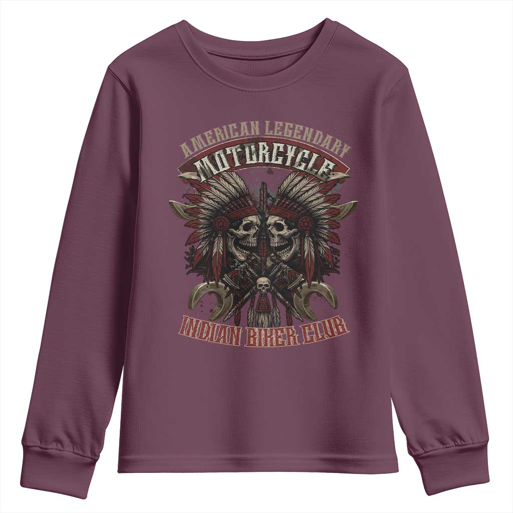 American Legendary Motorcycle Indian Biker Club Youth Sweatshirt Vintage Native American Skull Chief TS11 Maroon Print Your Wear
