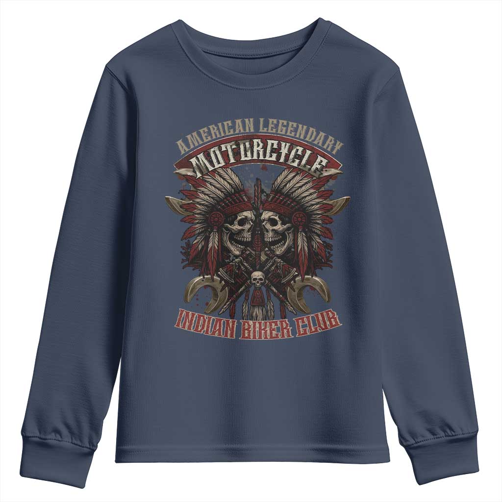 American Legendary Motorcycle Indian Biker Club Youth Sweatshirt Vintage Native American Skull Chief TS11 Navy Print Your Wear