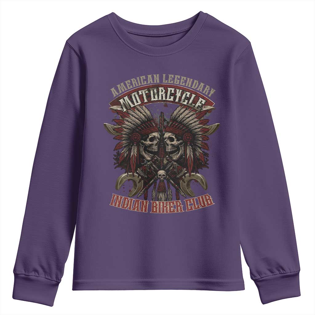 American Legendary Motorcycle Indian Biker Club Youth Sweatshirt Vintage Native American Skull Chief TS11 Purple Print Your Wear