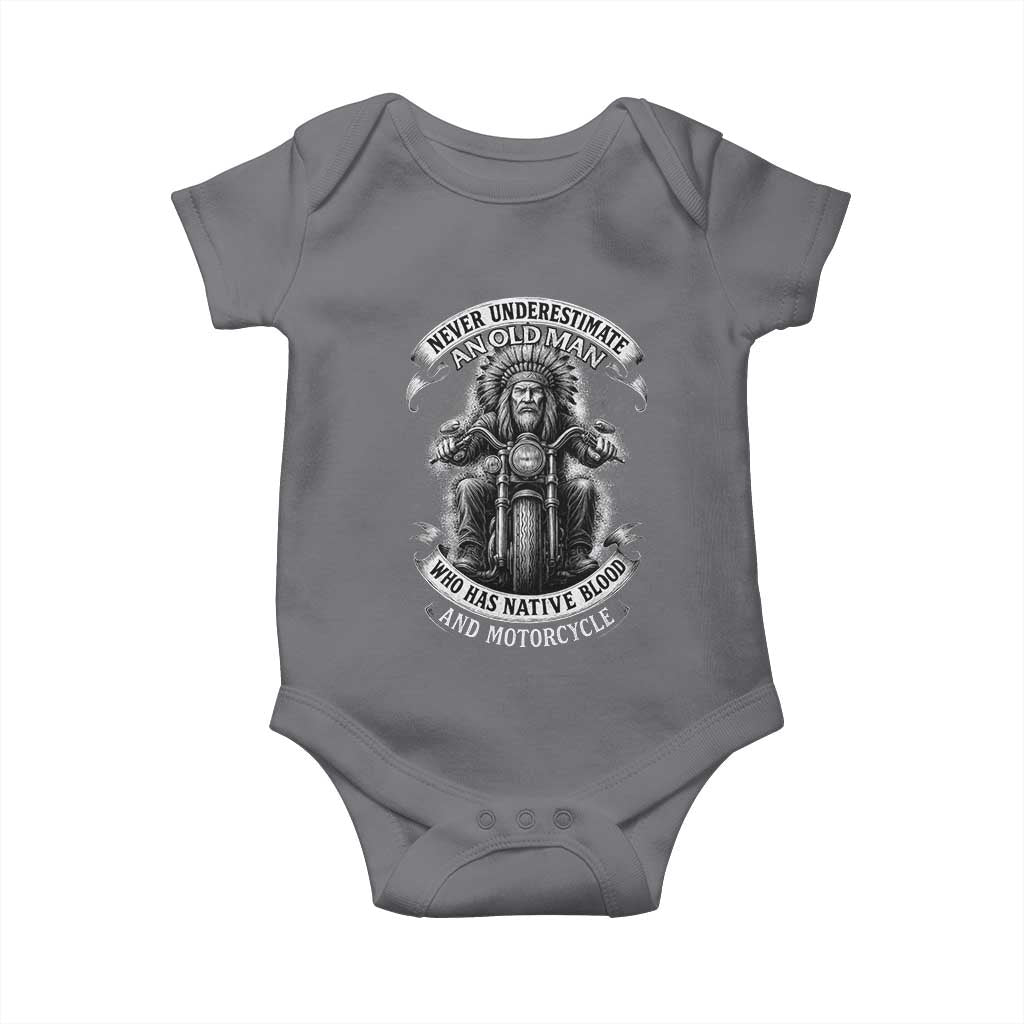 Never Underestimate An Old Man Who Has Native Blood And Motorcycle Baby Onesie Native American Biker TS11 Charcoal Print Your Wear