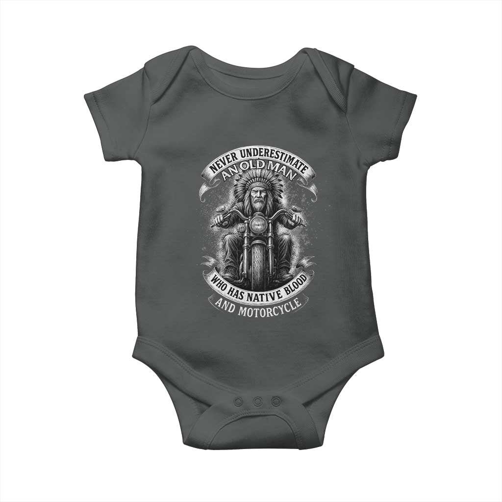 Never Underestimate An Old Man Who Has Native Blood And Motorcycle Baby Onesie Native American Biker TS11 Dark Heather Print Your Wear