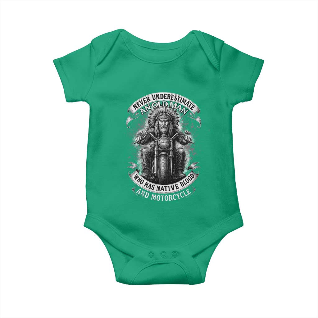 Never Underestimate An Old Man Who Has Native Blood And Motorcycle Baby Onesie Native American Biker TS11 Irish Green Print Your Wear