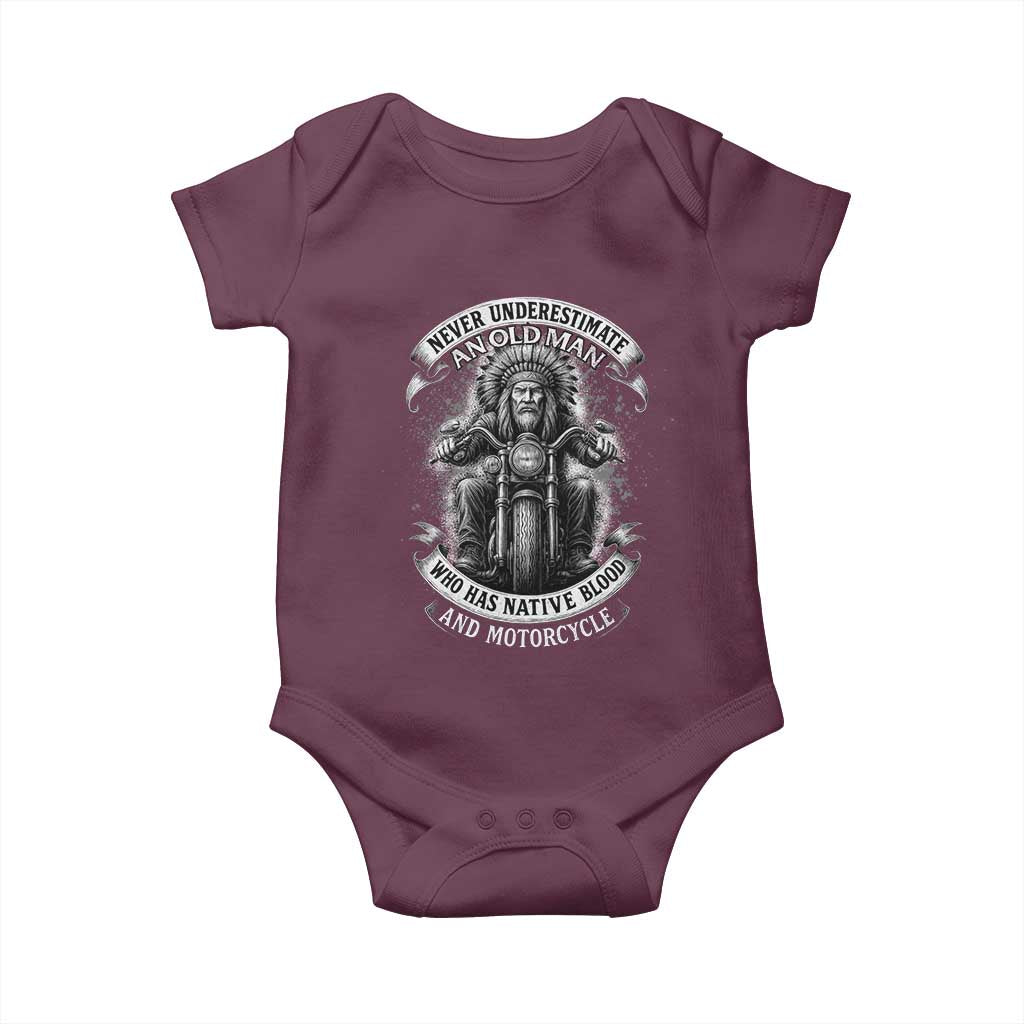 Never Underestimate An Old Man Who Has Native Blood And Motorcycle Baby Onesie Native American Biker TS11 Maroon Print Your Wear